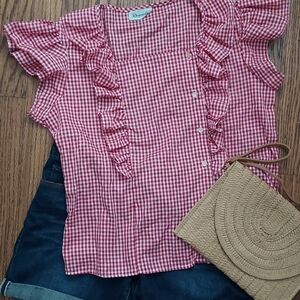 Vintage Red Gingham Rhapsody Top L Ruffles Buttons Cap Sleeves